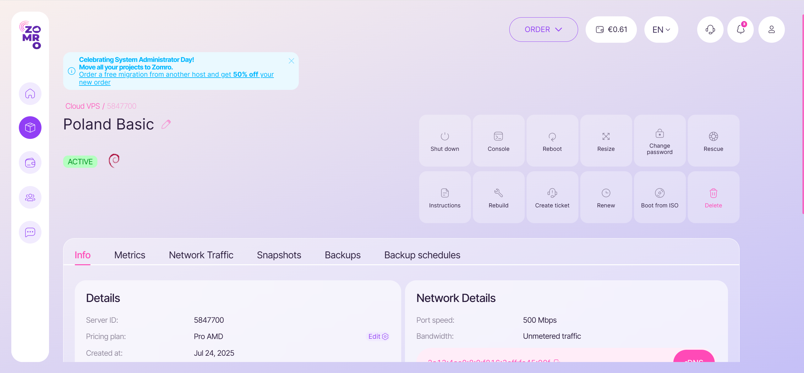 Zomro Poland AMD EPYC-Rome Unlimited Traffic Basic Cloud VPS Test and Review