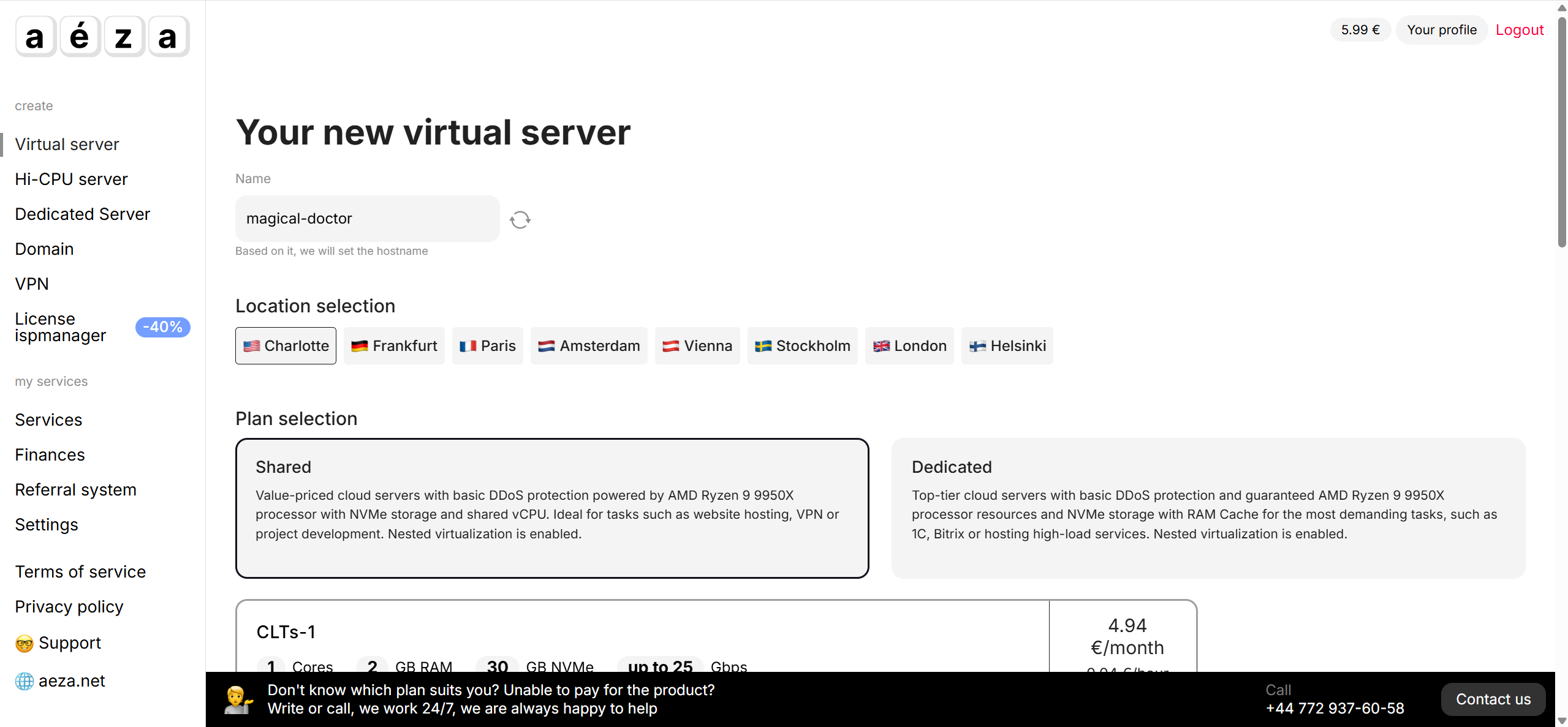 aéza USA Charlotte Shared AMD Ryzen 9 9950X Unlimited Traffic Virtual Server Test and Review