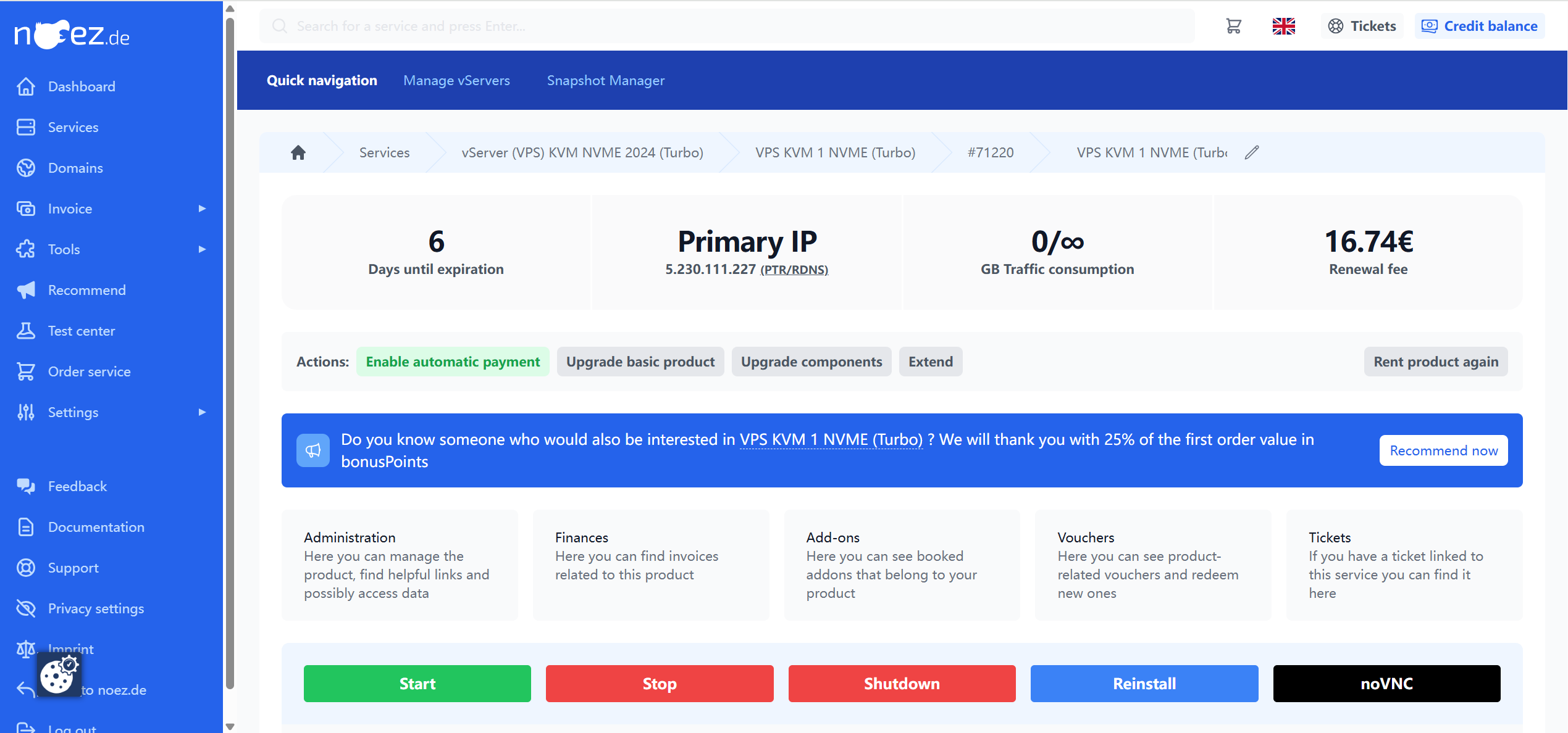 noez.de Germany Frankfurt DDoS Protection Prepaid KVM vServer Test and Review