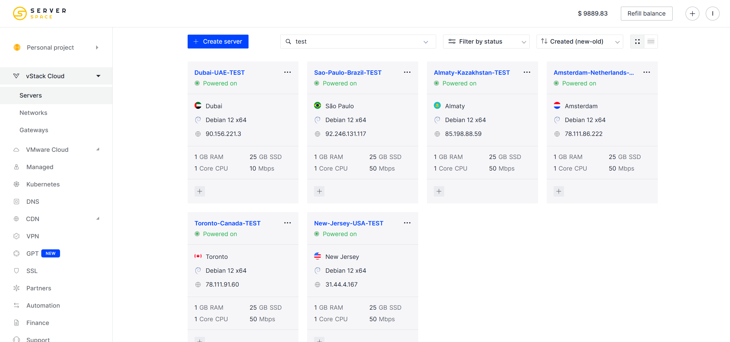 Serverspace 6 Locations Unlimited Traffic Pay-as-you-go vStack Cloud VMs Test and Review